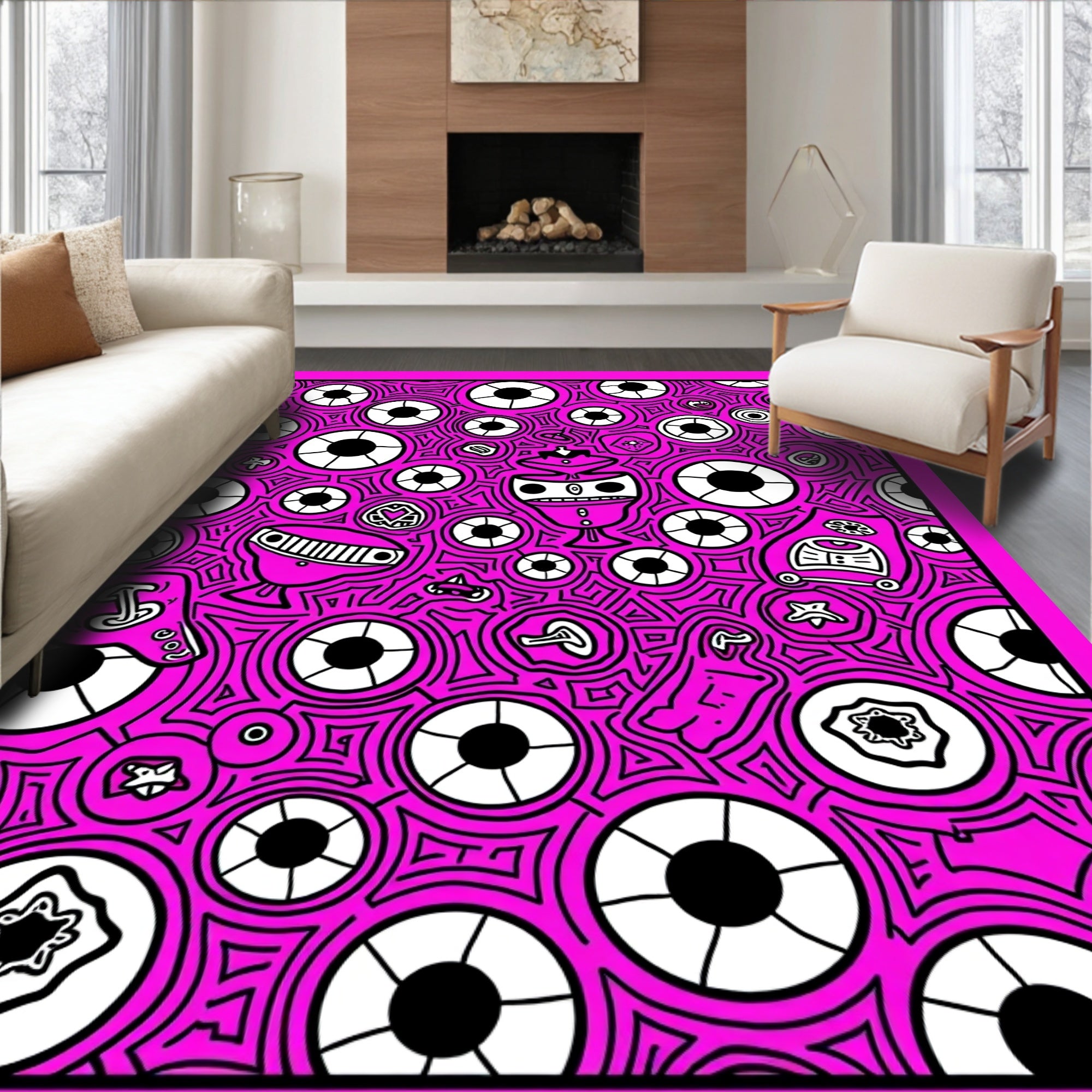 Vibrant Pink Surreal Creatures Abstract Rug