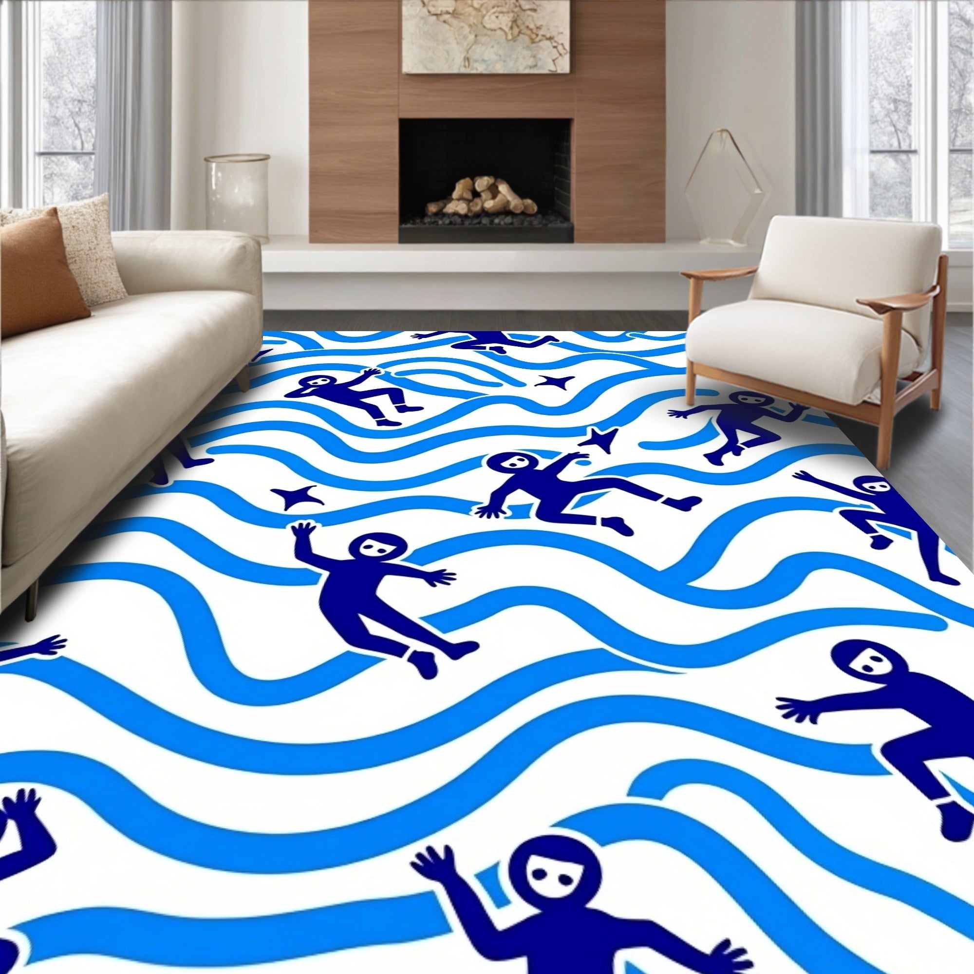 Navy Blue Figures Ocean Waves Rug