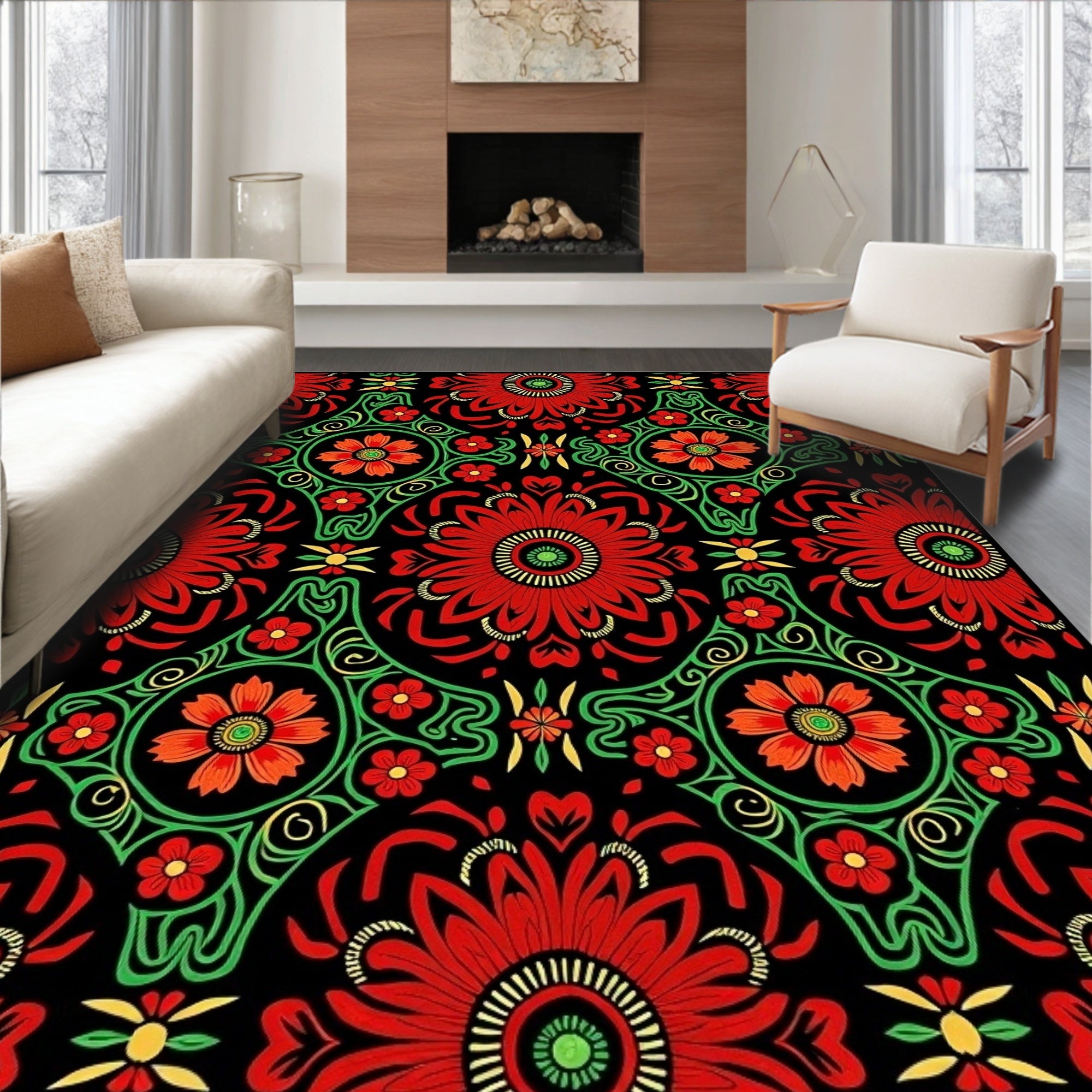Bold Red Black Floral Lace Imprint Rug