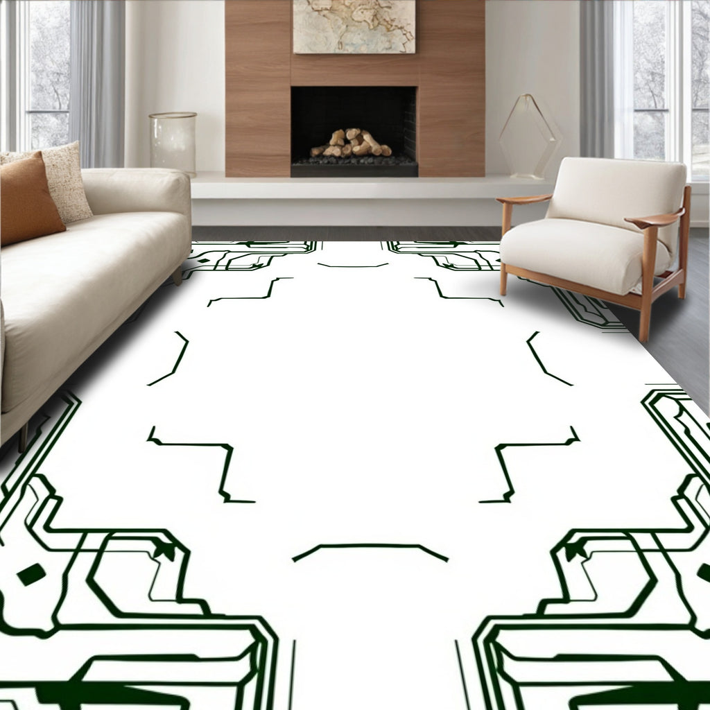 Green Circuit Board Geometric Border Rug