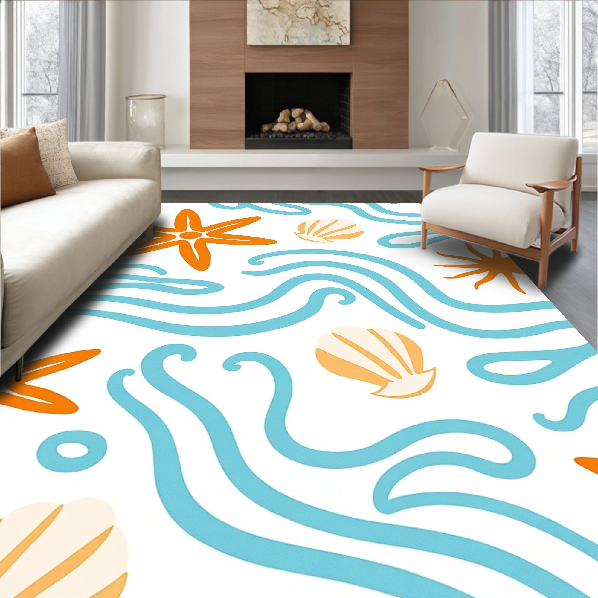 Orange Starfish Blue Wave Seashell Art Rug