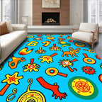 Whimsical Yellow Blue Character Collage Rug