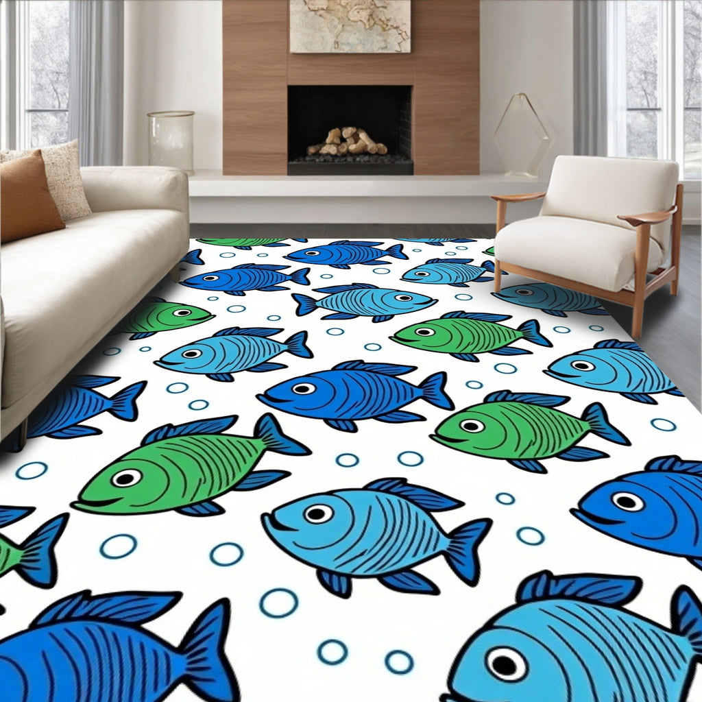 Playful Blue Green Fish Bubbles Rug