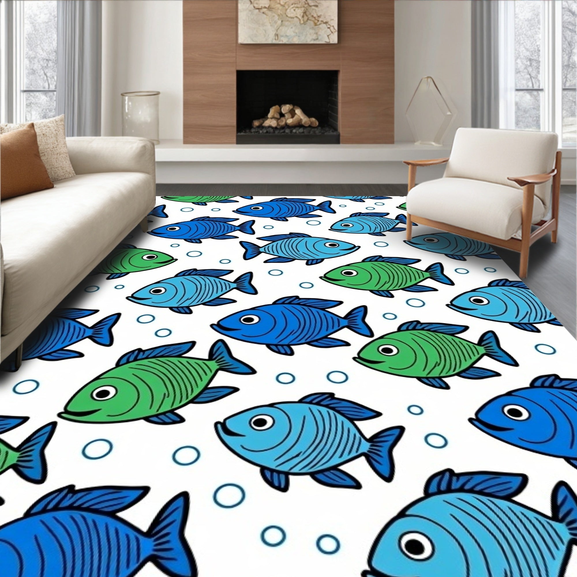 Playful Blue Green Fish Bubbles Rug