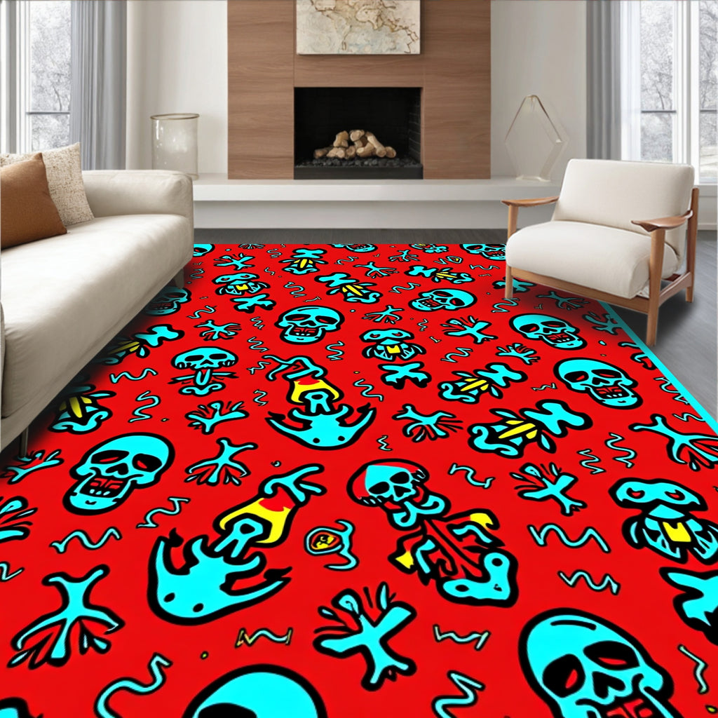 Red Turquoise Skull Skeleton Graffiti Rug