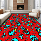 Red Turquoise Skull Skeleton Graffiti Rug