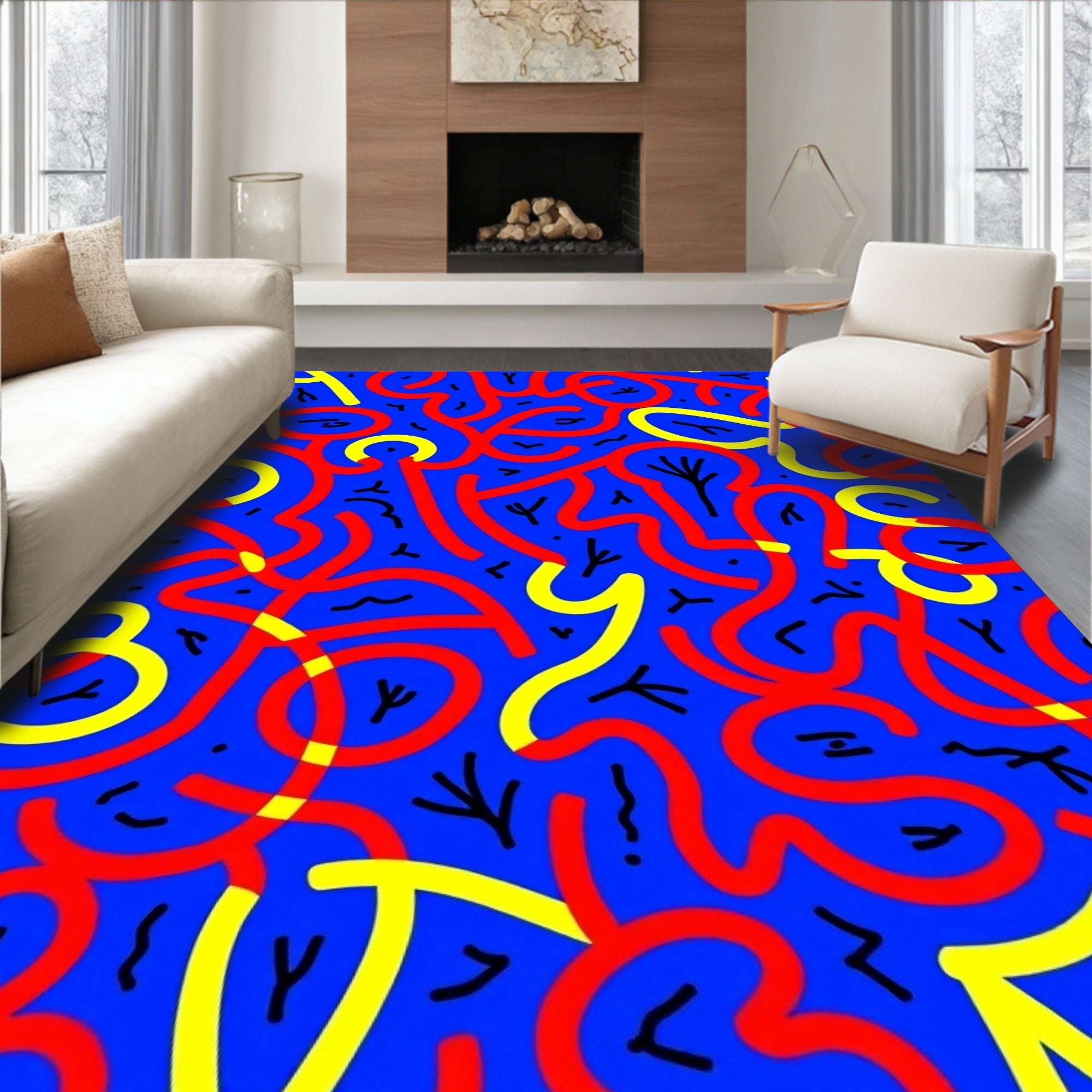 Abstract Red Yellow Swirl Blue Background Rug