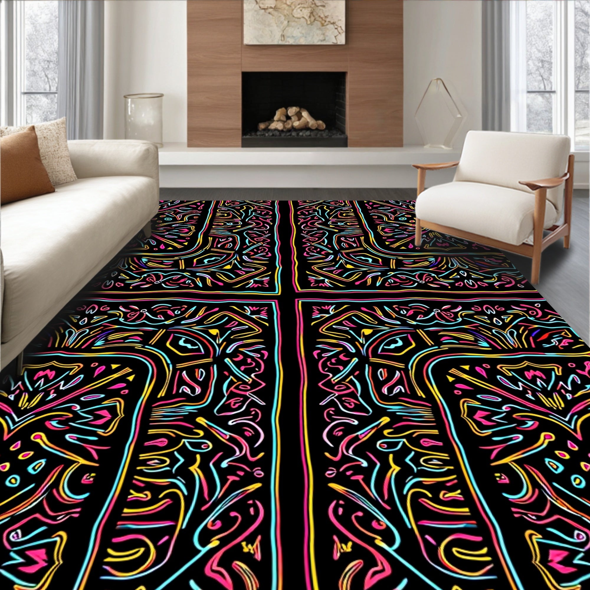 Vibrant Neon Abstract Tribal Cross Rug