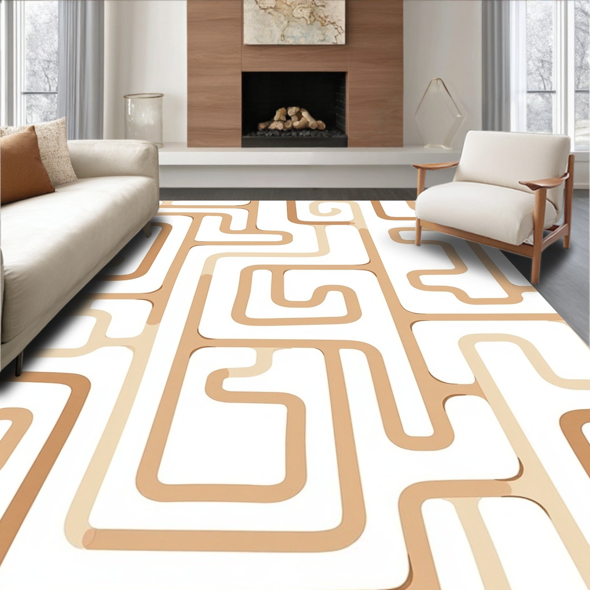 Sandy Beige Abstract Maze Rug