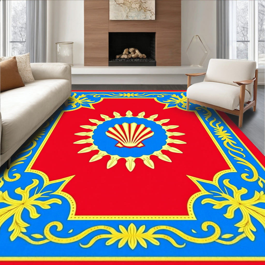 Red Blue Gold Scallop Sun Floral Rug