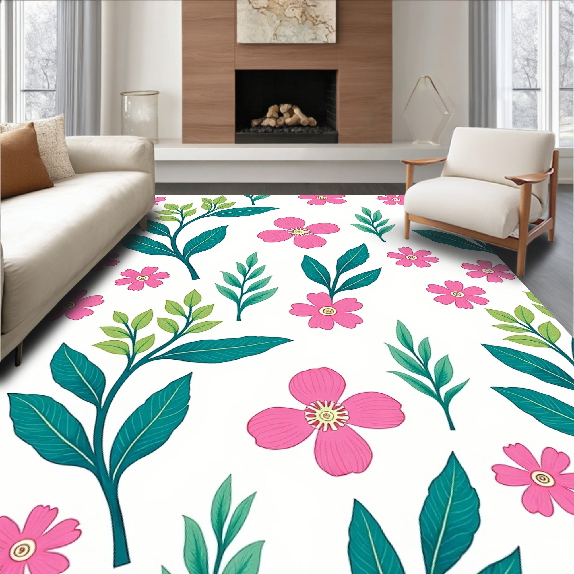 Pink Blossom Leafy Vine Rug