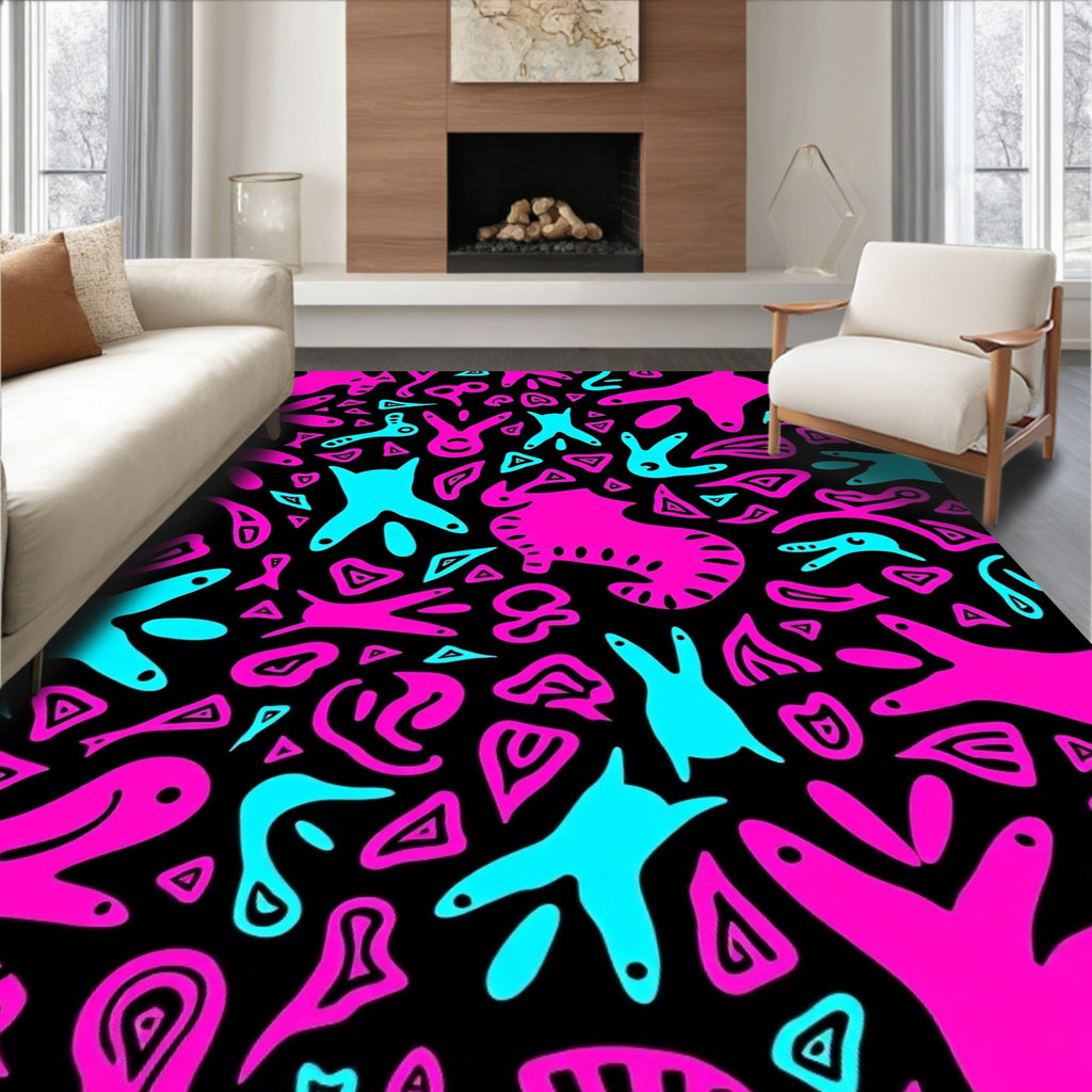 Vivid Pink Teal Abstract Whimsical Creatures Rug