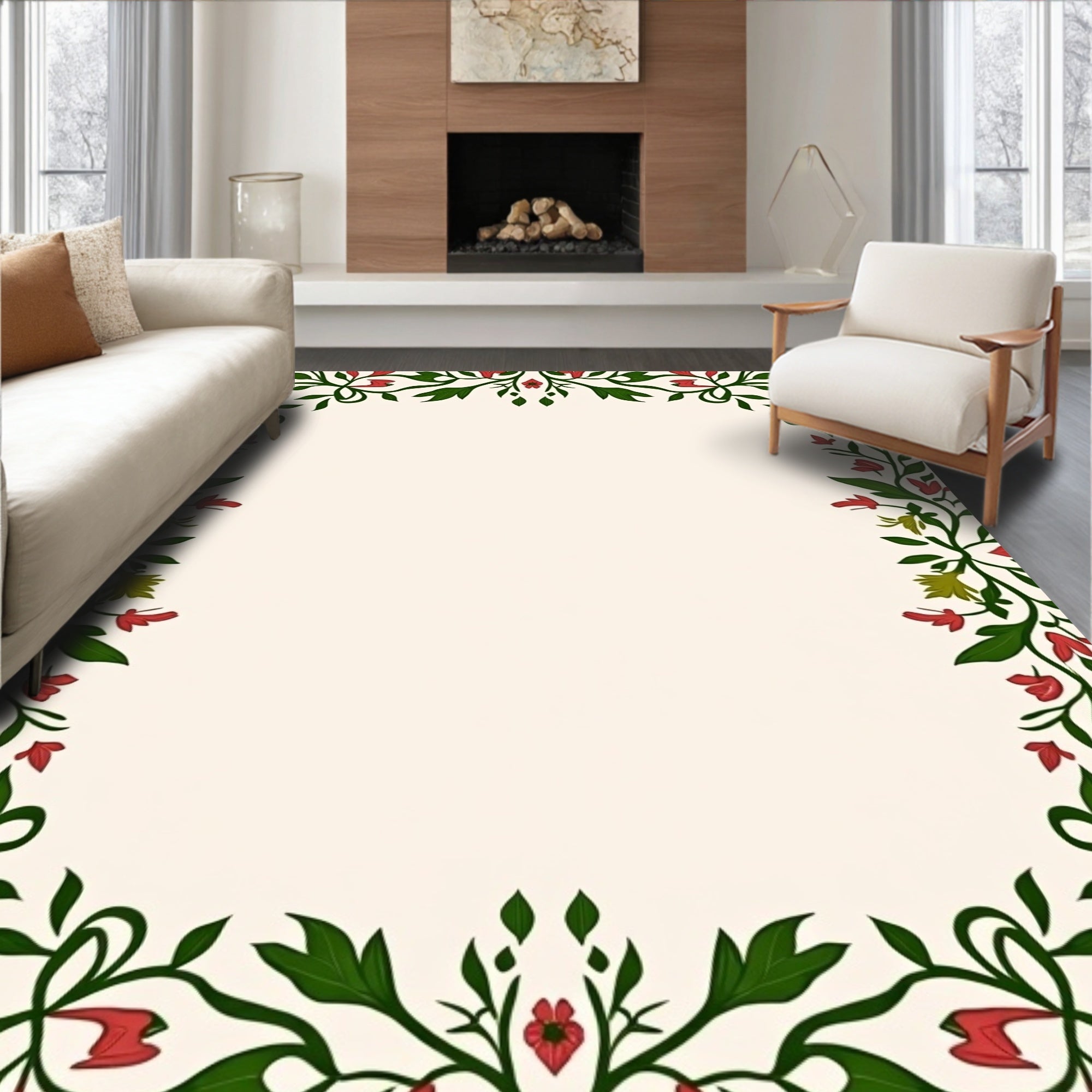 Red Green Floral Vines Border Rug