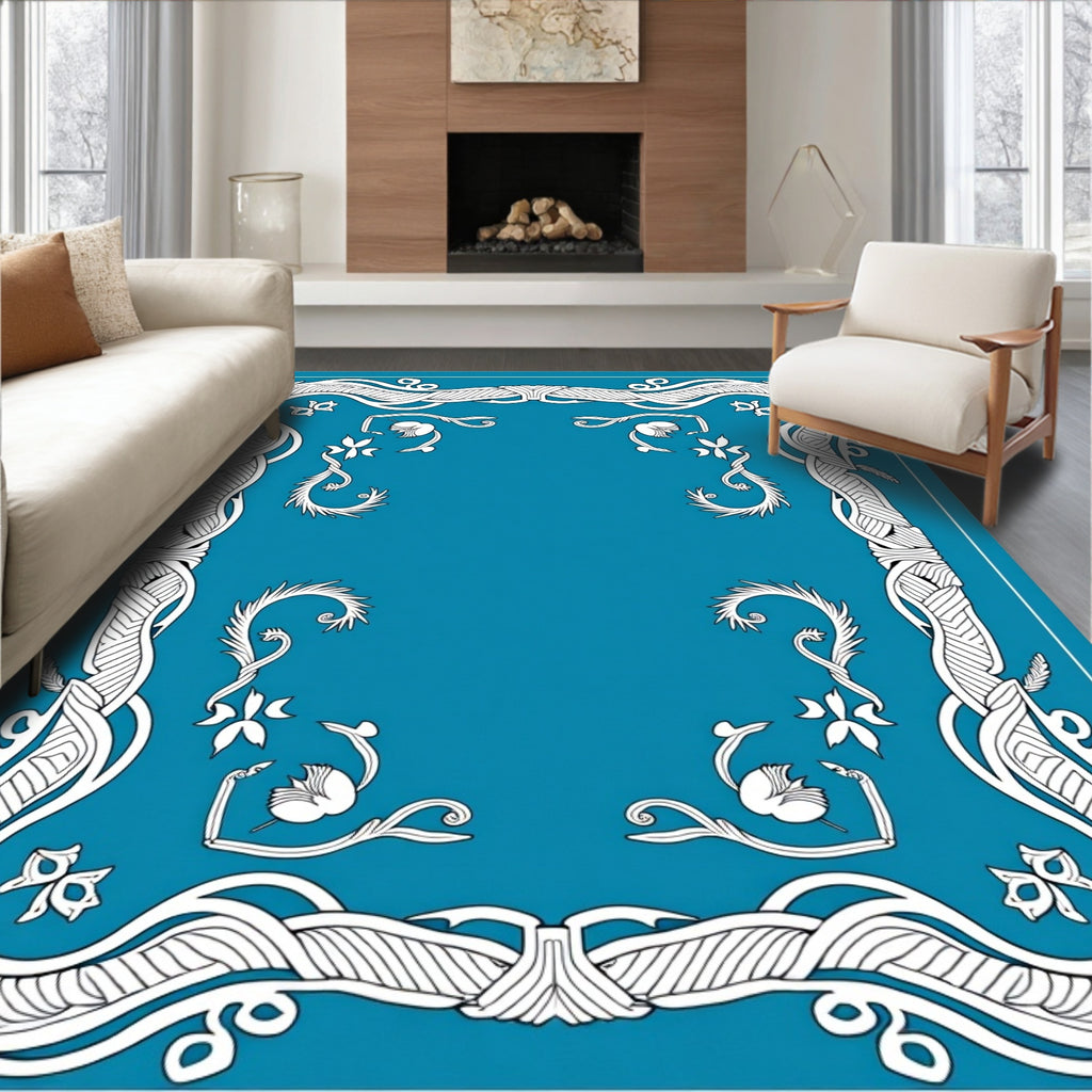 Art Nouveau Cyan Floral Swirl Border Rug