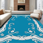 Art Nouveau Cyan Floral Swirl Border Rug