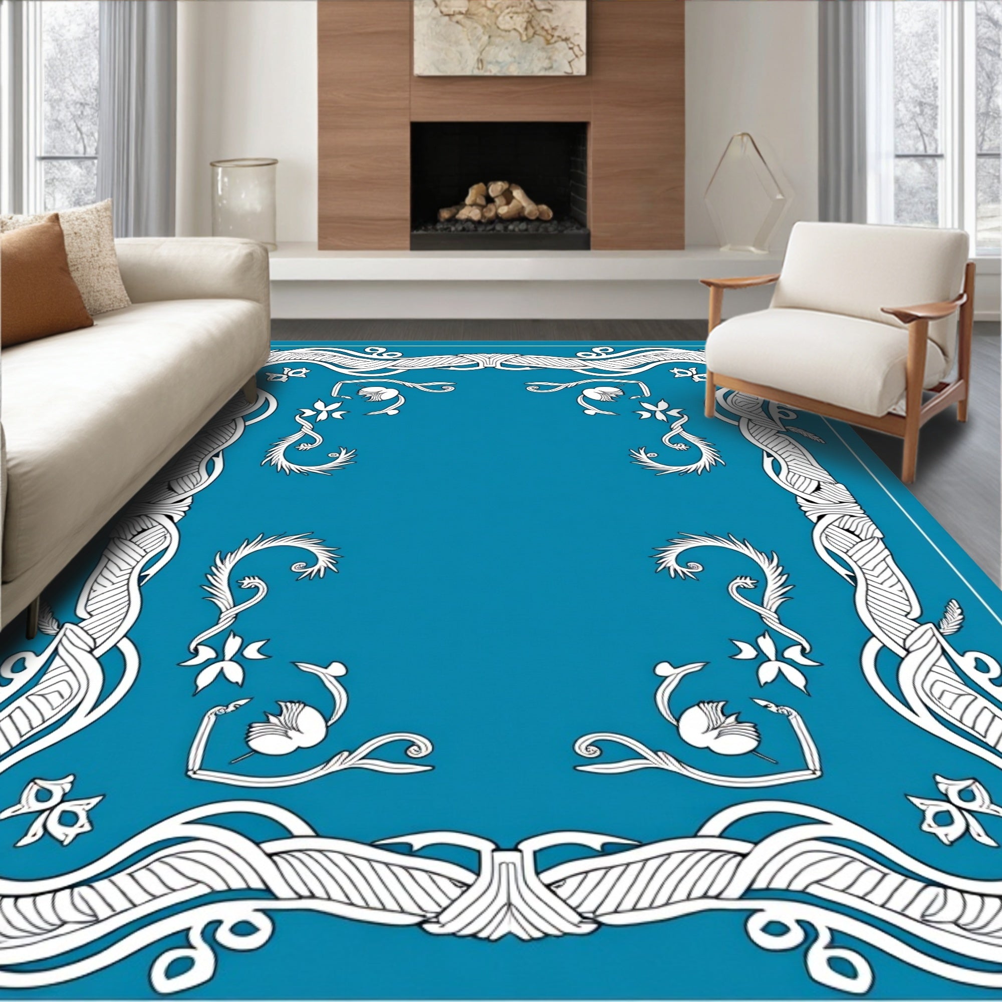 Art Nouveau Cyan Floral Swirl Border Rug