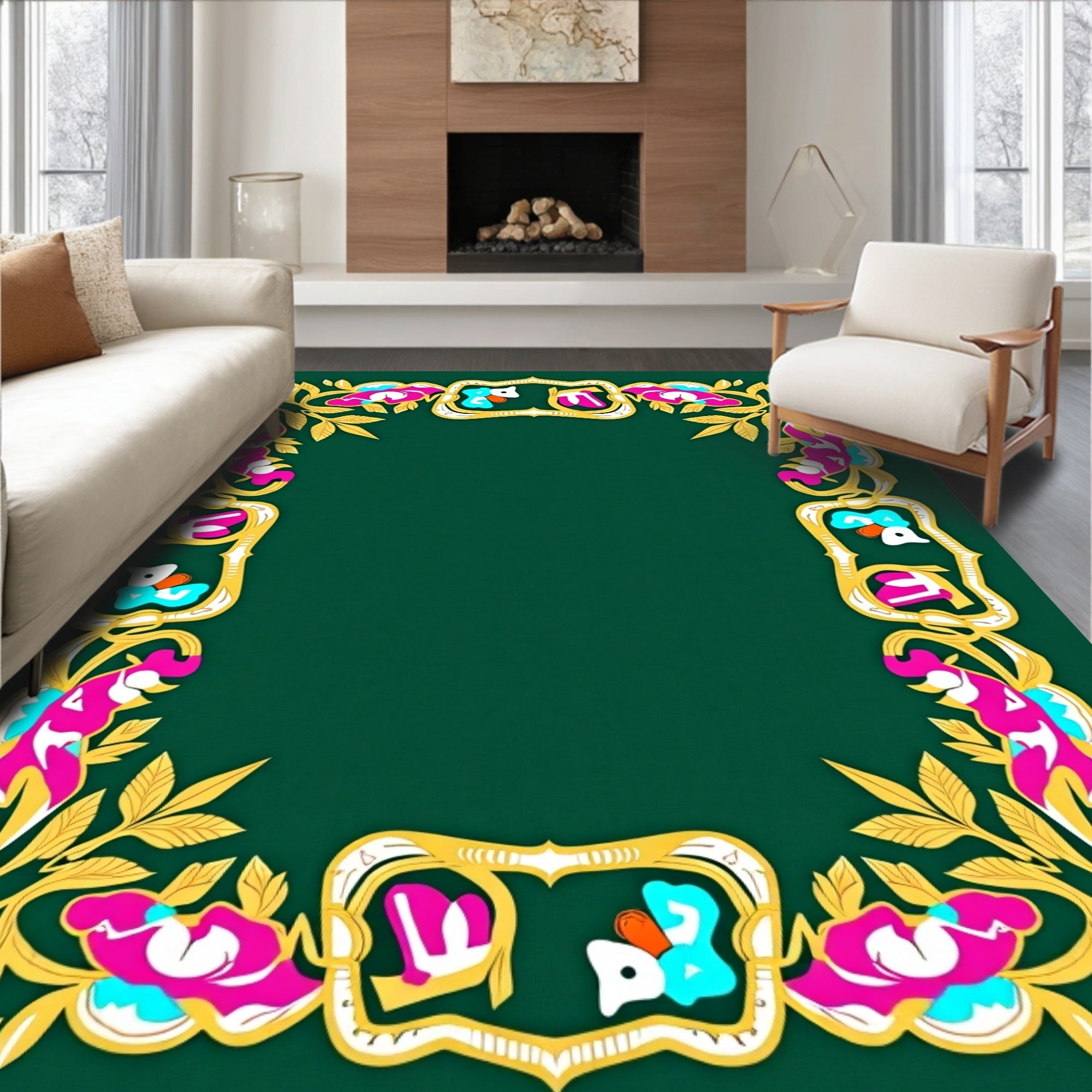 Golden Emerald Floral Frame Rug