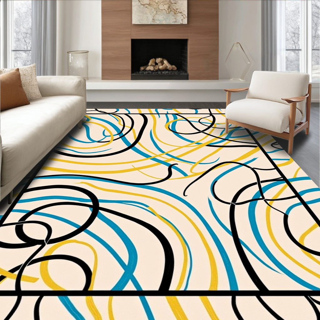 Bold Abstract Swirls Yellow Blue Rug