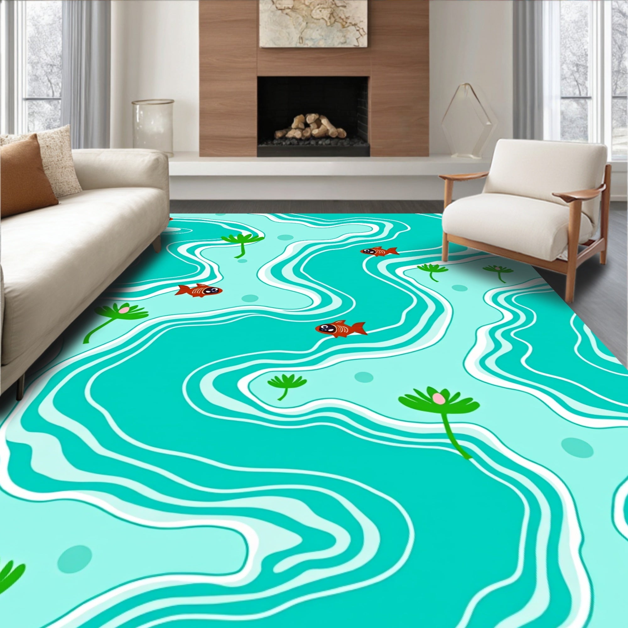 Playful Orange Fish Aquatic Waves Rug
