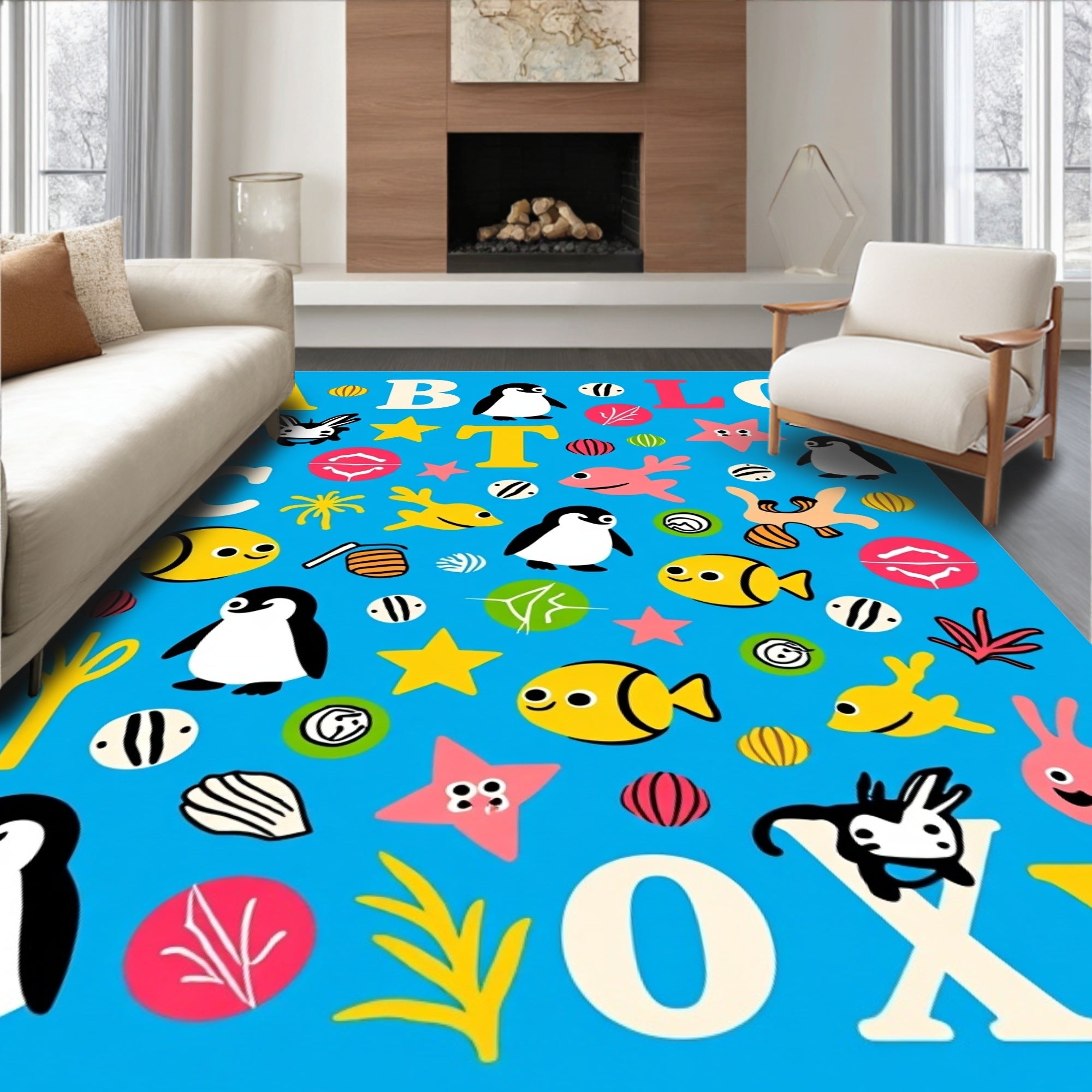 Playful Ocean Alphabet Penguins Fish Rug