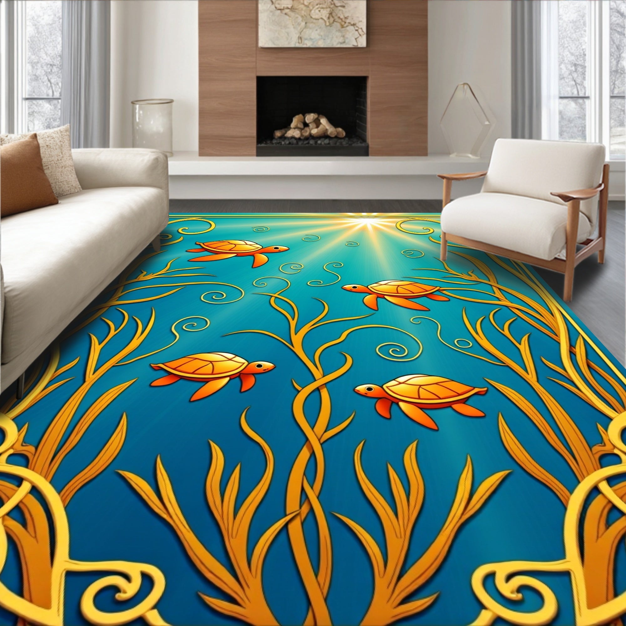 Golden Sea Turtles Underwater Scene Rug