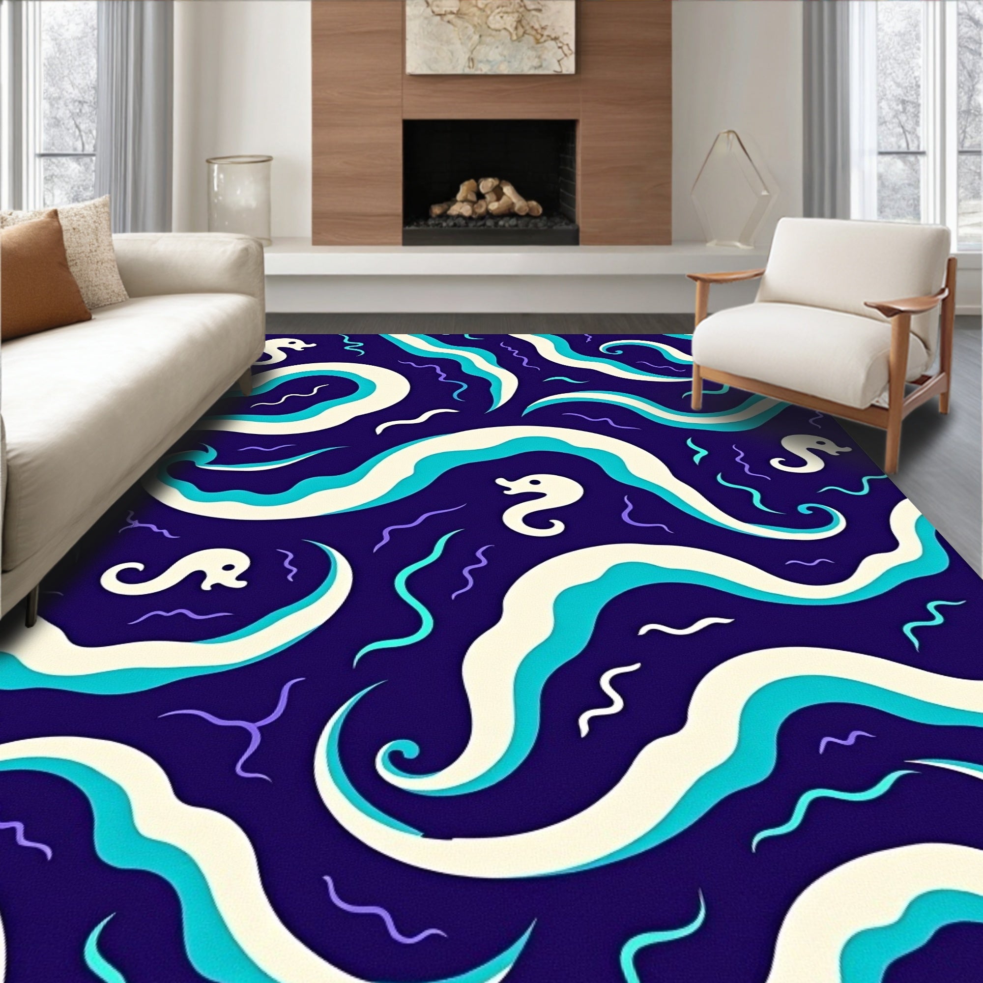 Whimsical Seahorse Swirls Blue Rug