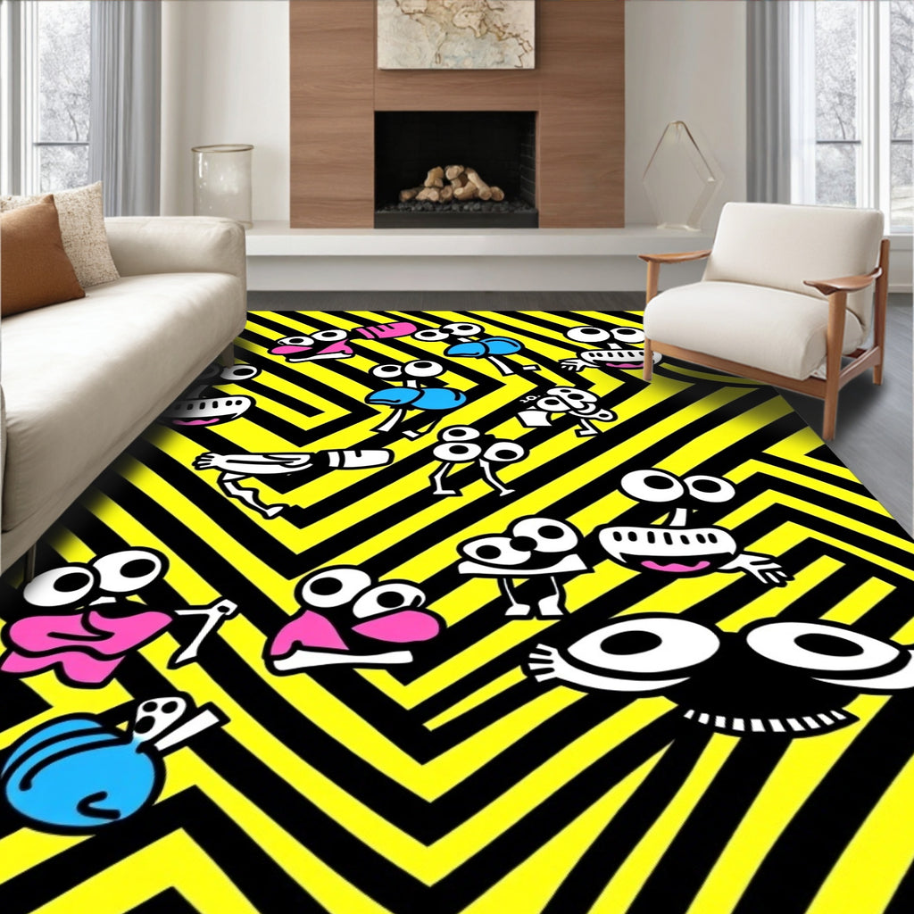 Whimsical Creatures Black Yellow Chevron Rug