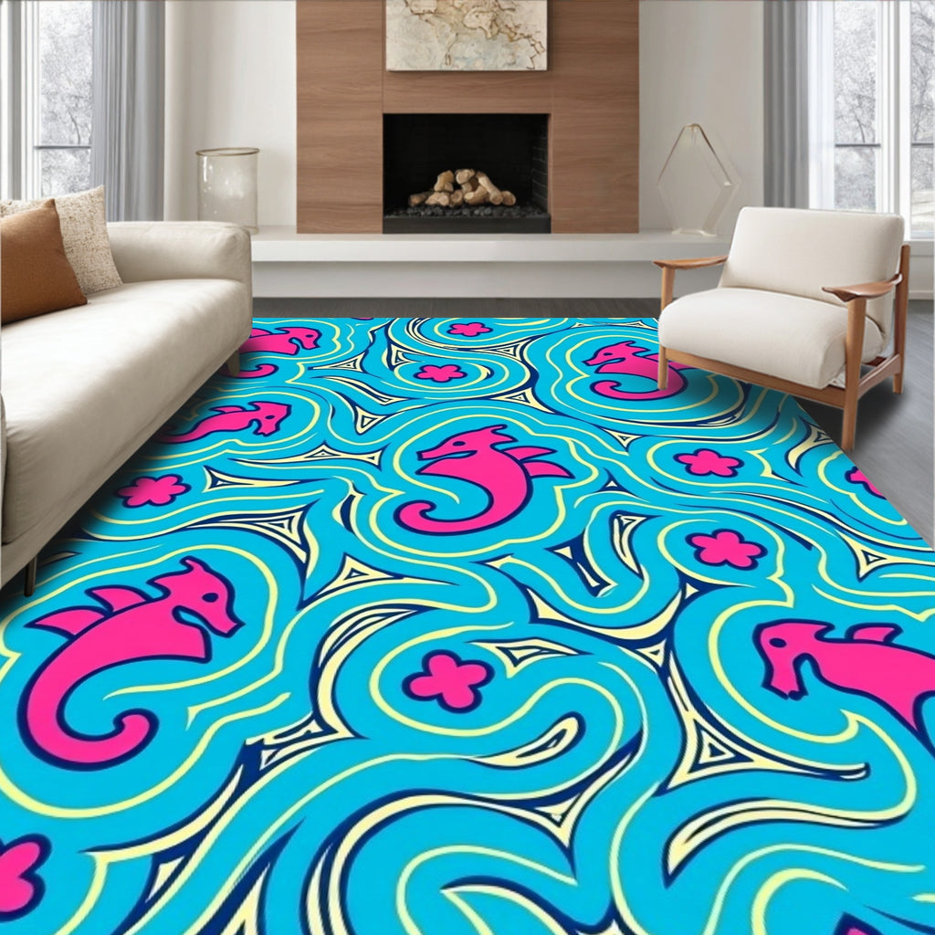 Pink Seahorse Swirls Aqua Rug