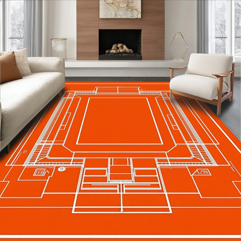 Orange White Blueprint Architectural Outline Rug