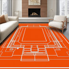 Orange White Blueprint Architectural Outline Rug