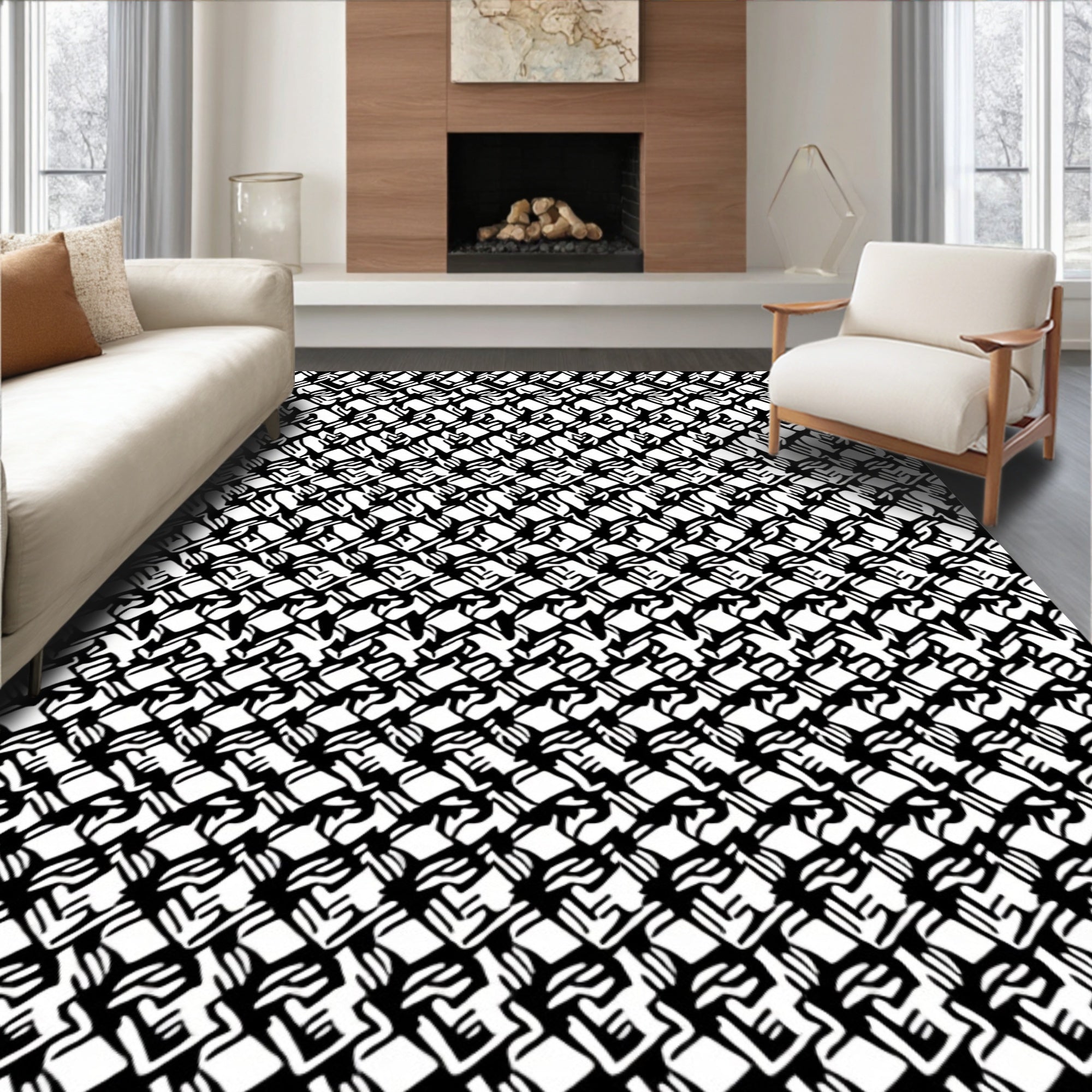 Bold Black Interlocking Abstract Squares Rug
