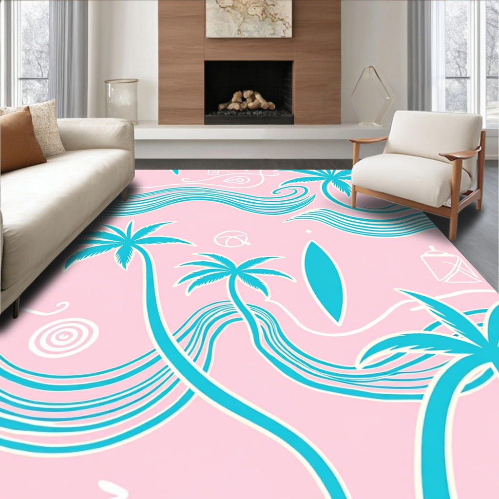 Pink Tropical Palm Wave Graphic Rug