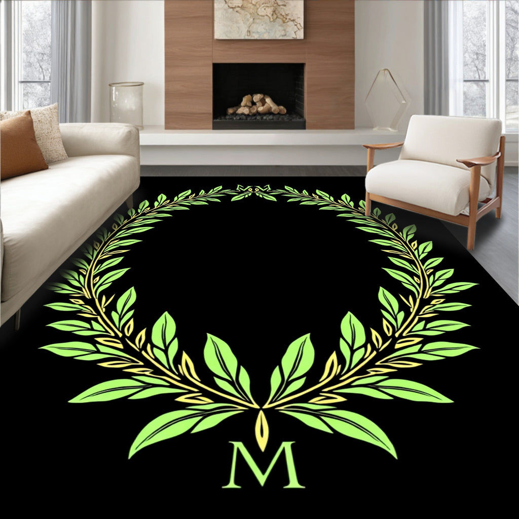 Laurel Wreath Green Gold Monogram Rug