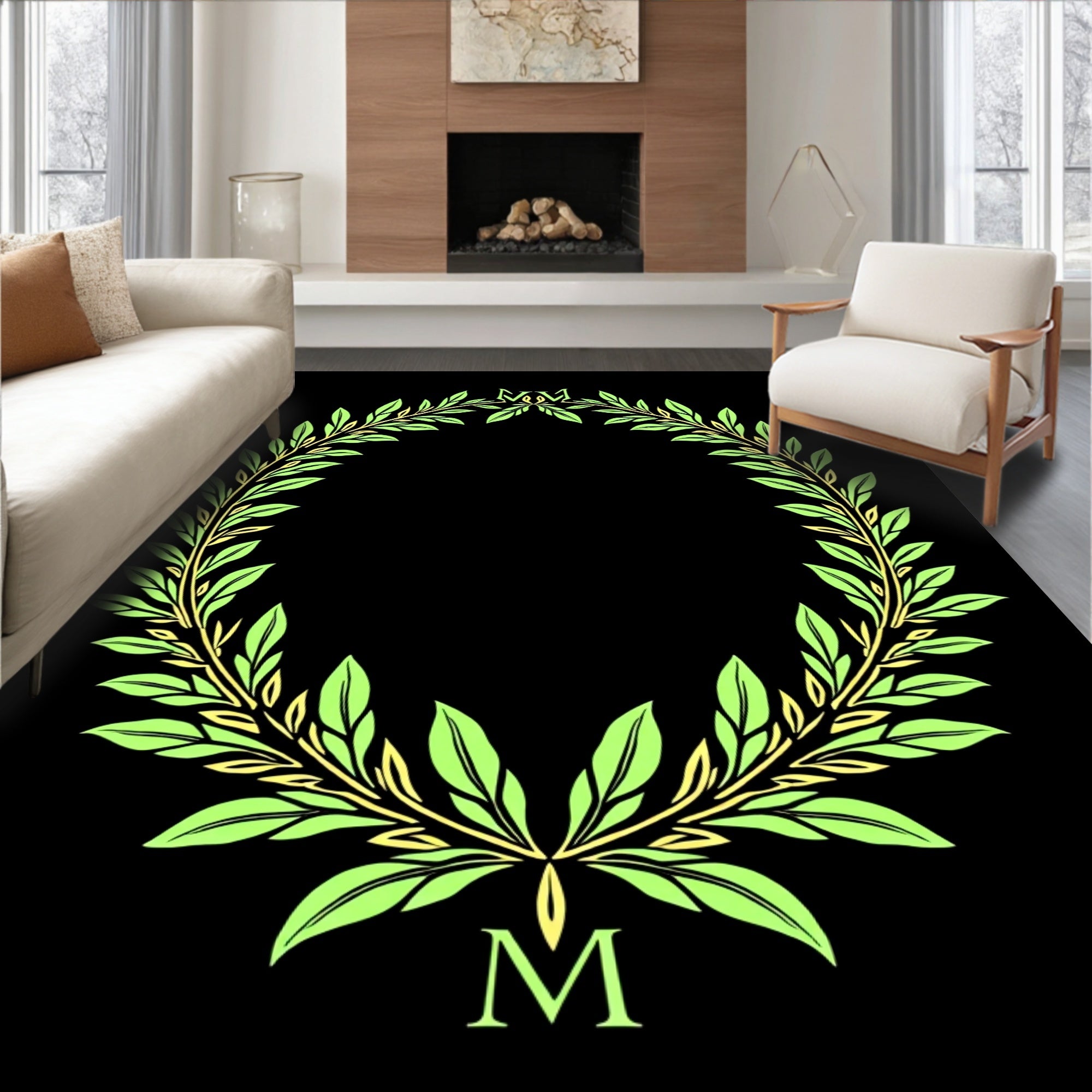 Laurel Wreath Green Gold Monogram Rug