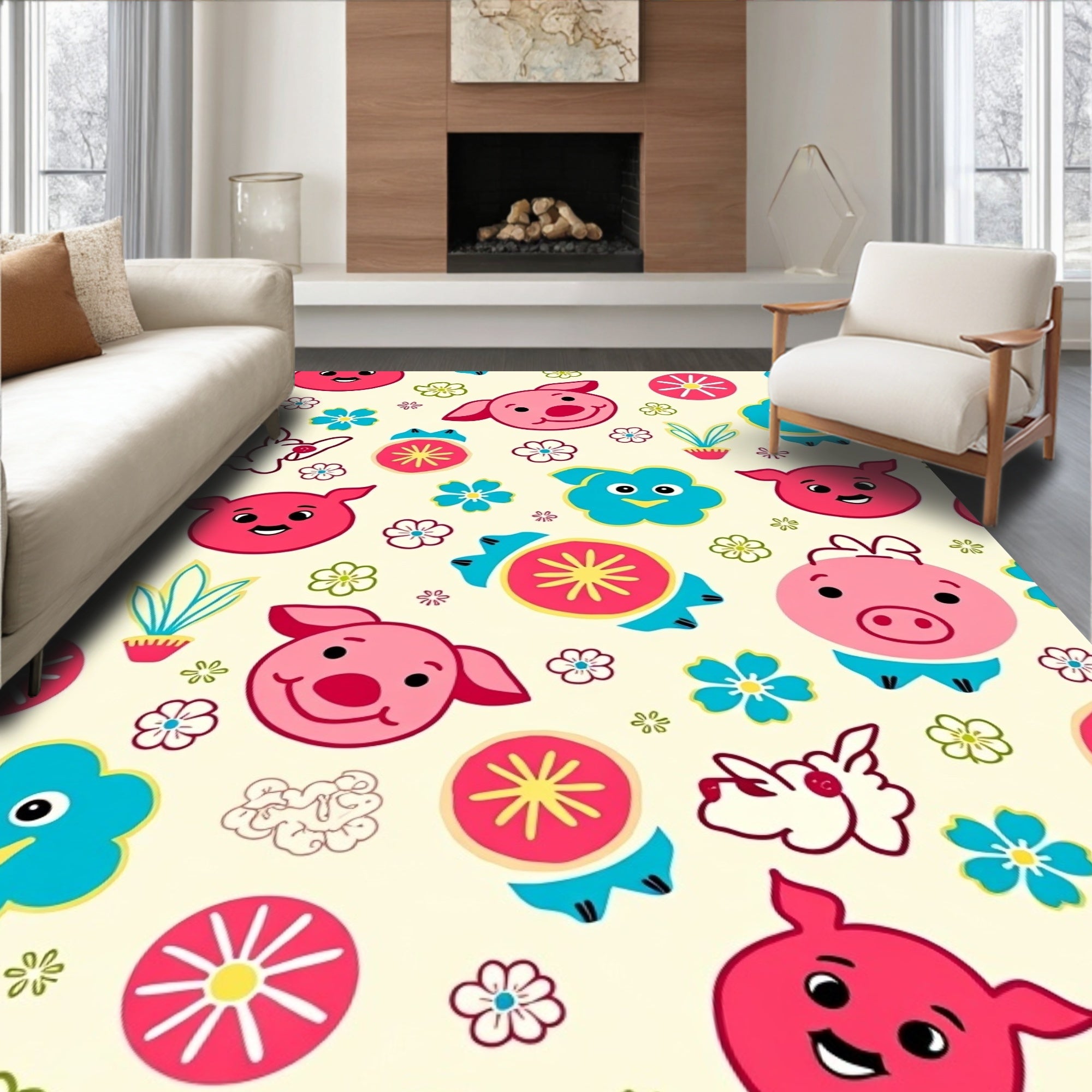 Playful Pink Blue Cartoon Piggy Flowers Rug