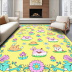 Whimsical Pink Blue Bunny Floral Border Rug