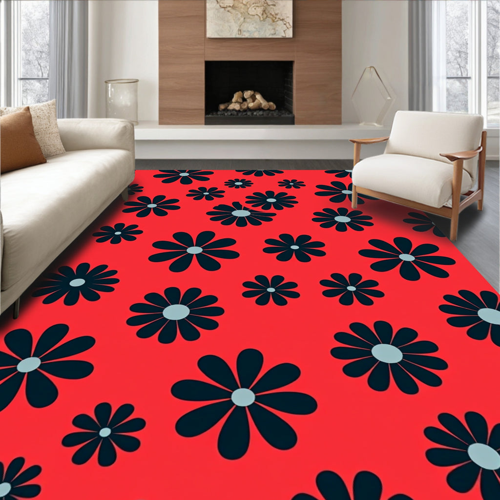 Retro Black Daisy Red Background Rug