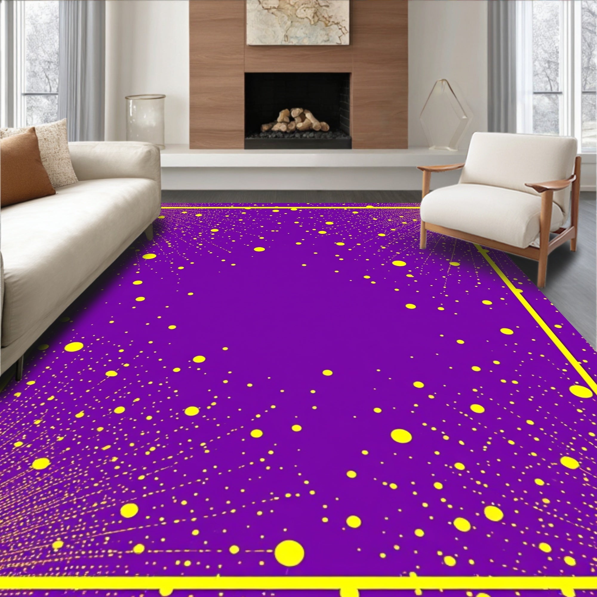 Vibrant Purple Yellow Bursting Particles Rug