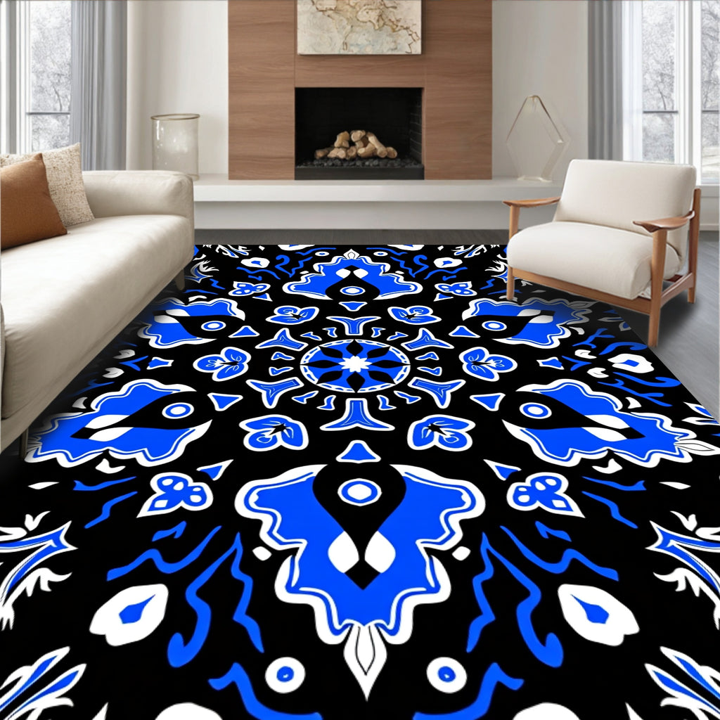 Royal Blue Black Stylized Floral Medallion Rug
