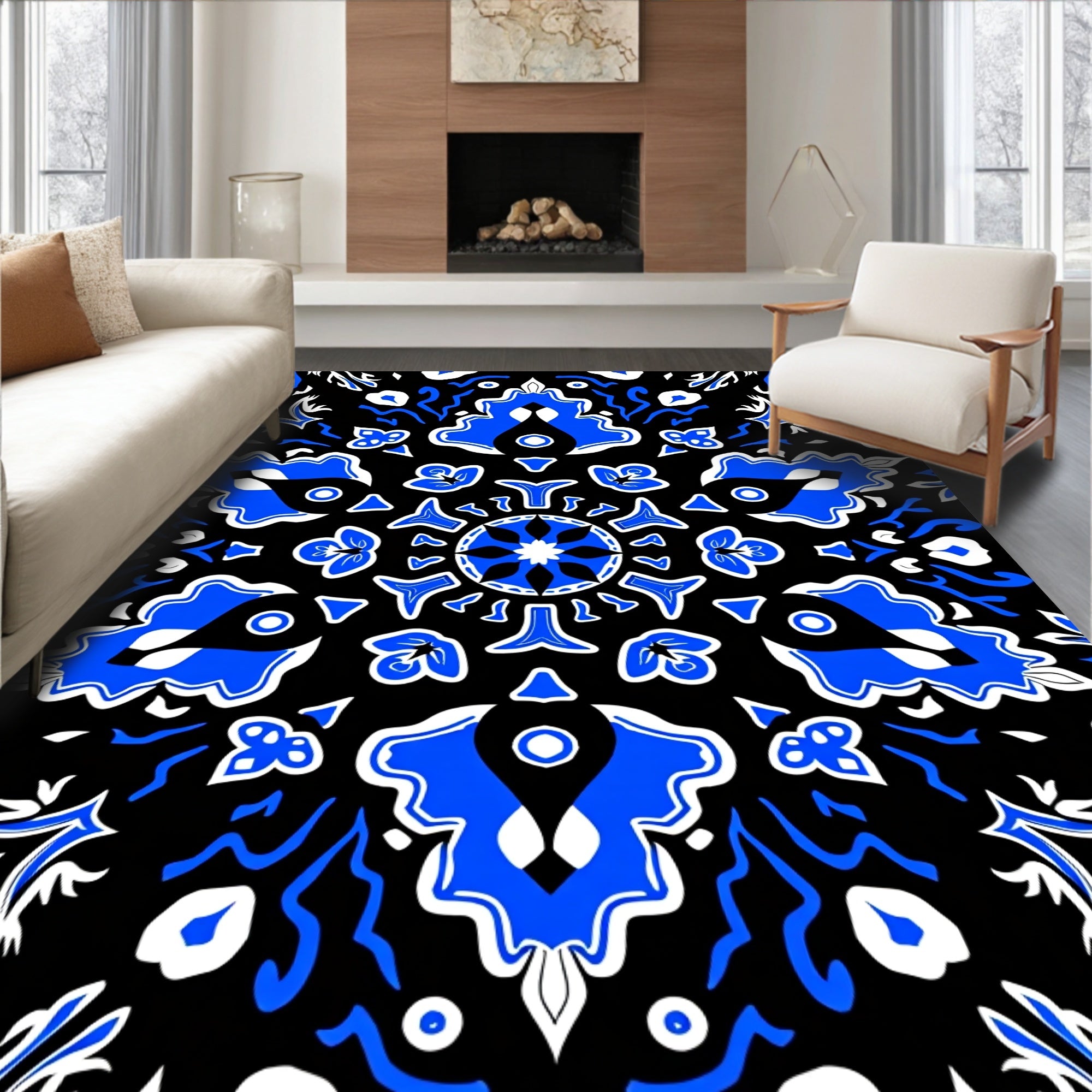 Royal Blue Black Stylized Floral Medallion Rug