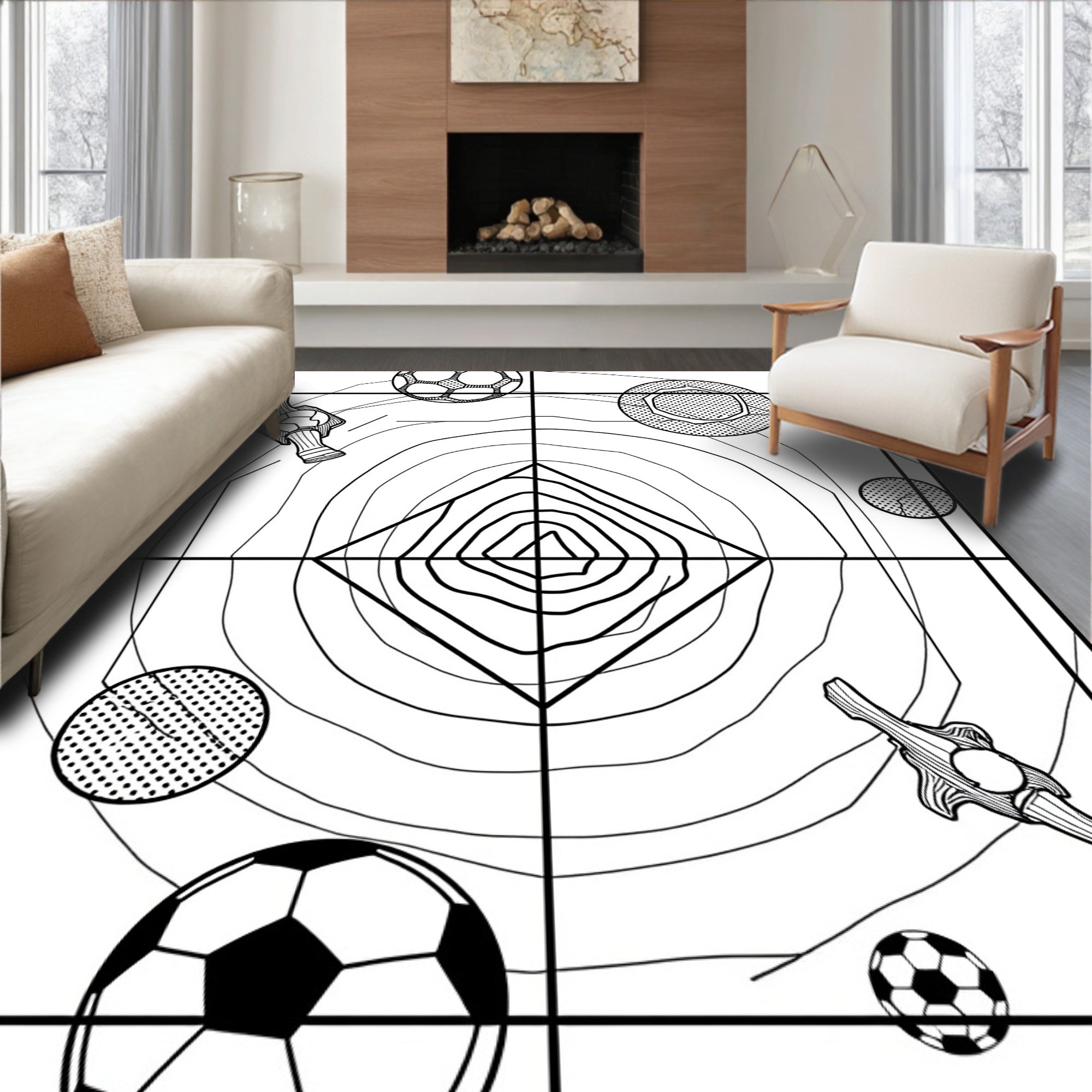 Black White Soccer Field Foosball Accents Rug