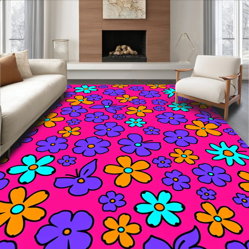 Retro Floral Butterflies Pink Background Rug