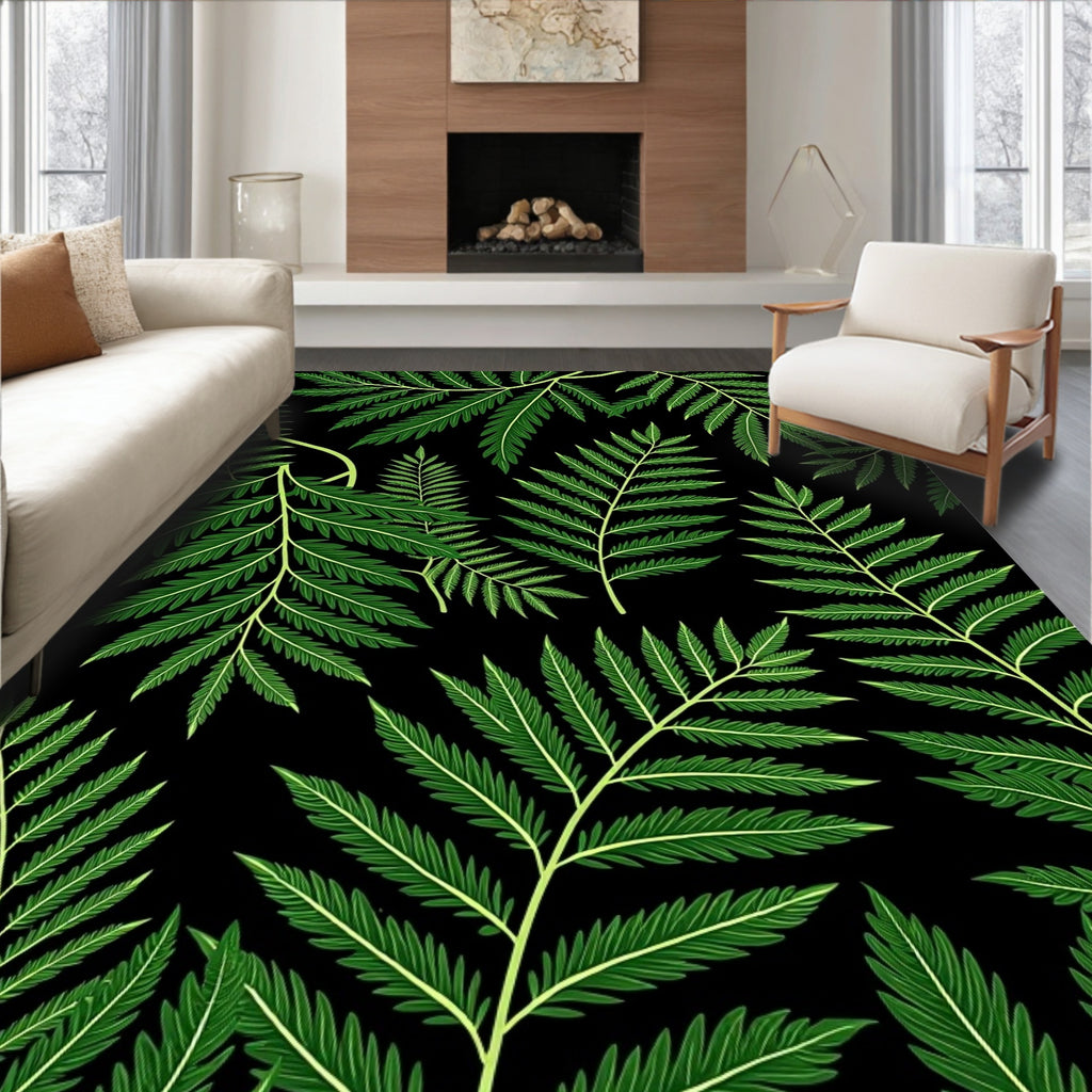 Dark Green Fern Leaf Pattern Rug