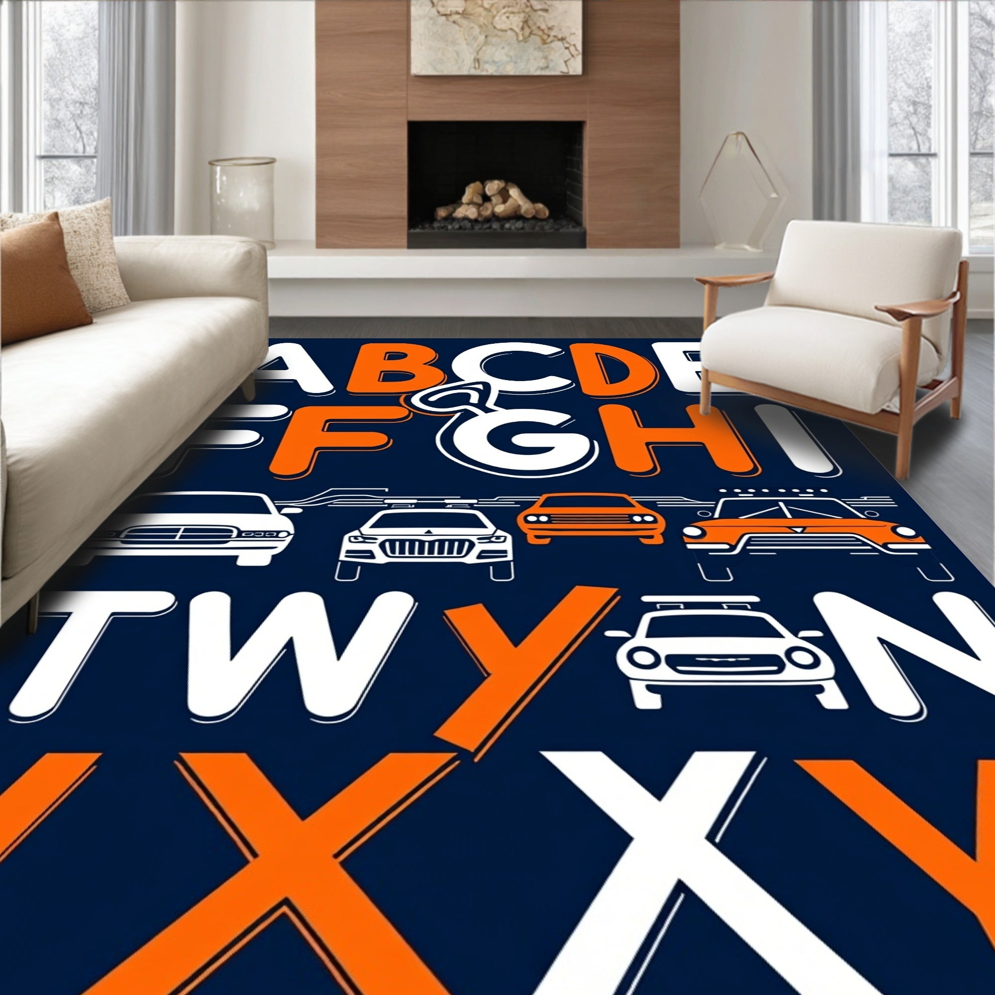 Fun Orange White Alphabet Cars Rug