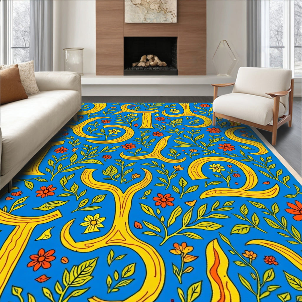 Bold Yellow Floral Accents Blue Rug
