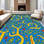 Bold Yellow Floral Accents Blue Rug