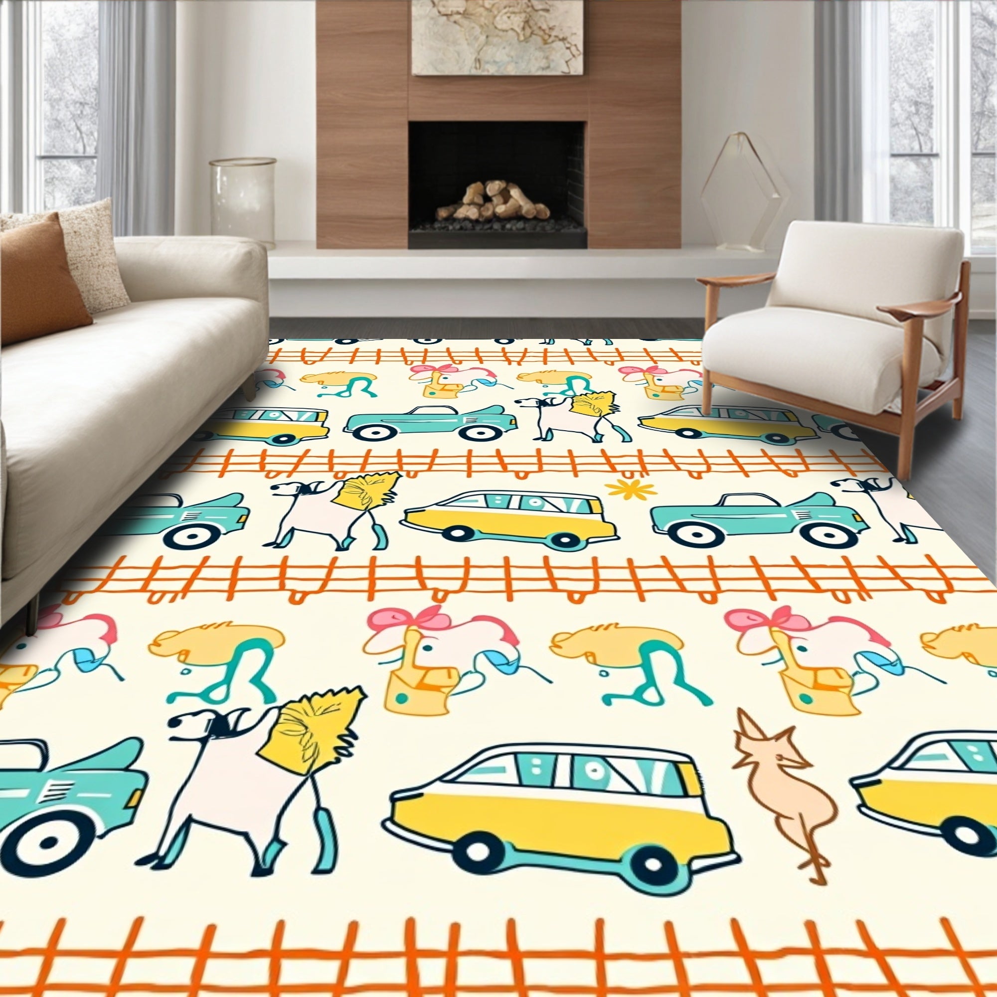 Whimsical Farm Animals And Cars Rug