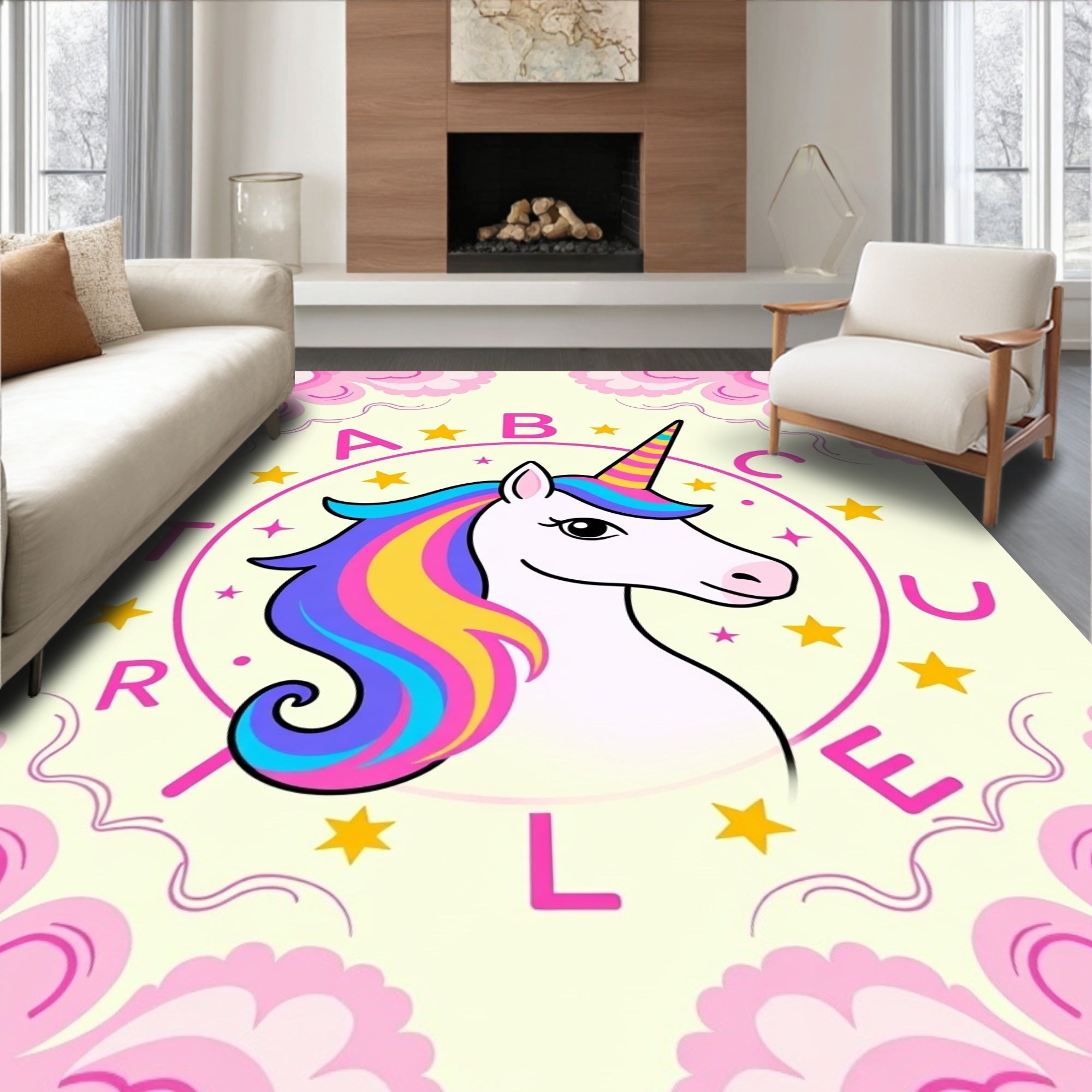 Whimsical Unicorn Rainbow Stars Alphabet Rug