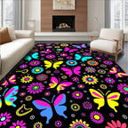 Vibrant Butterfly Floral Garden Black Rug
