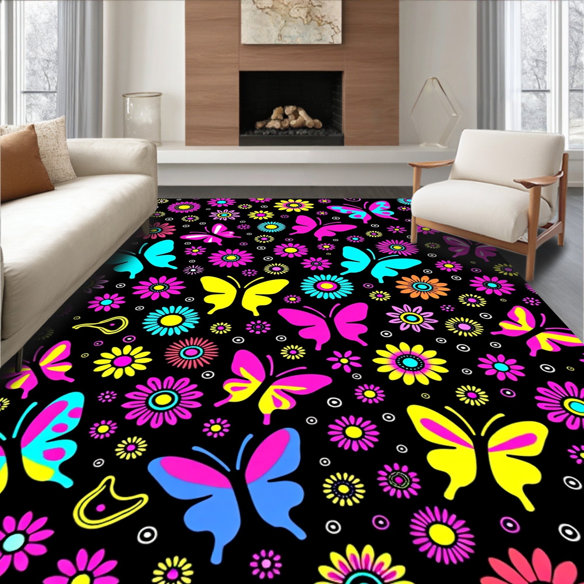 Vibrant Butterfly Floral Garden Black Rug